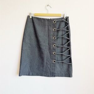 Charcoal Knee Length Pinstripe Skirt with Grommets and Lace Up Detail